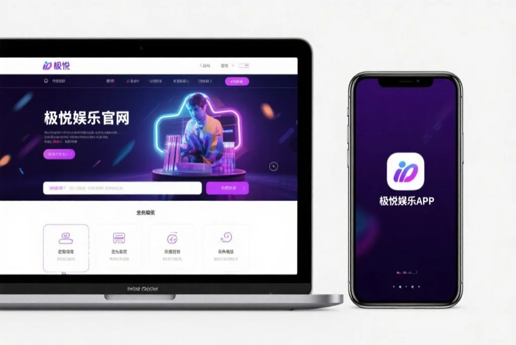 一台笔记本电脑屏幕上显示着世纪娱乐官网的界面，旁边是一部手机显示着世纪娱乐APP，两者并列对比
